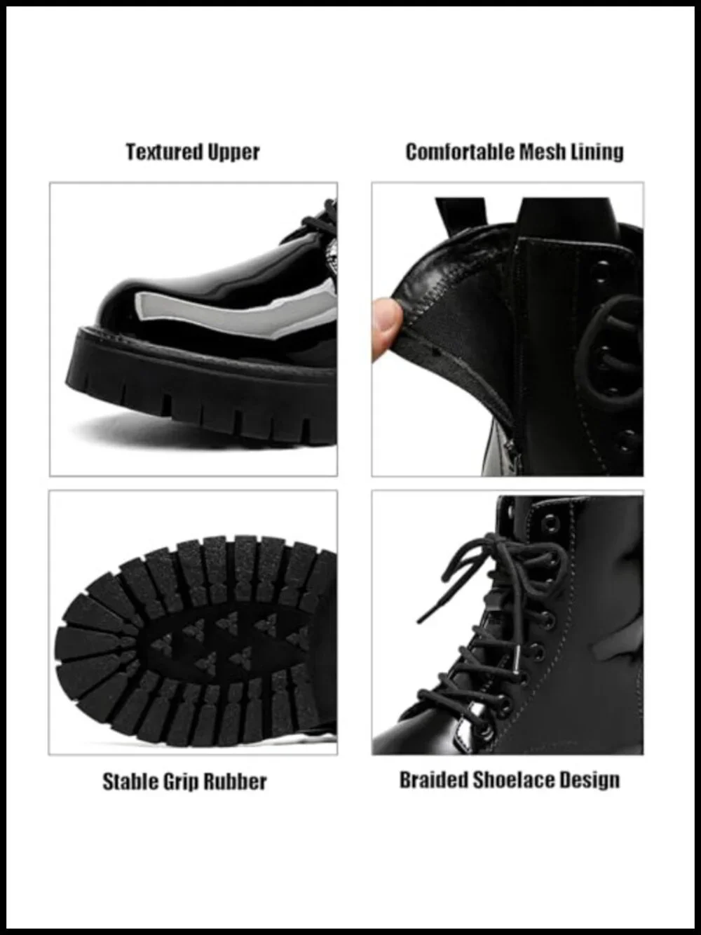 Patent Leather Platform Combat Boots Lace Up Side Zipper Chunky Lug Sole Ankle